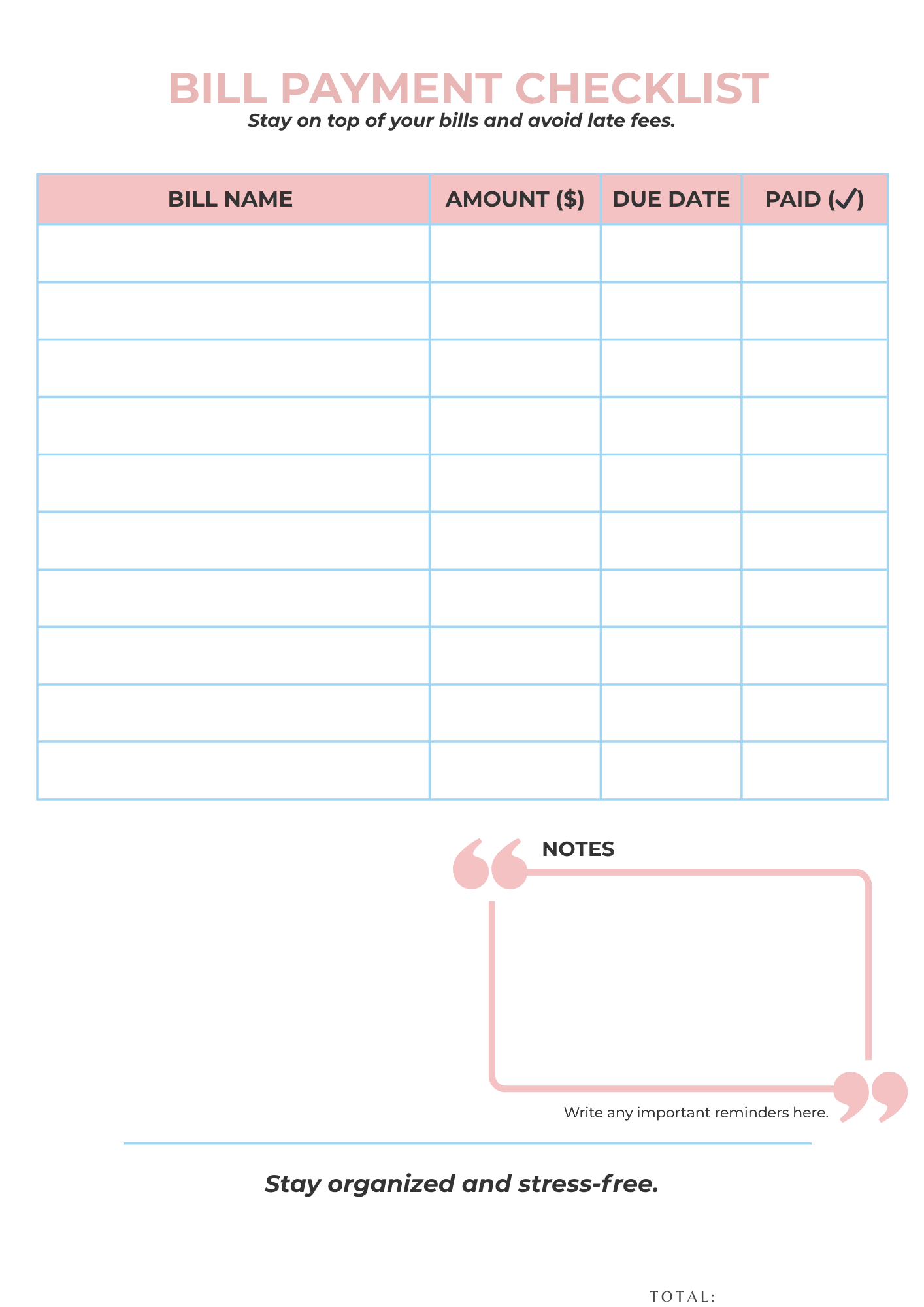 Bill Payment Checklist