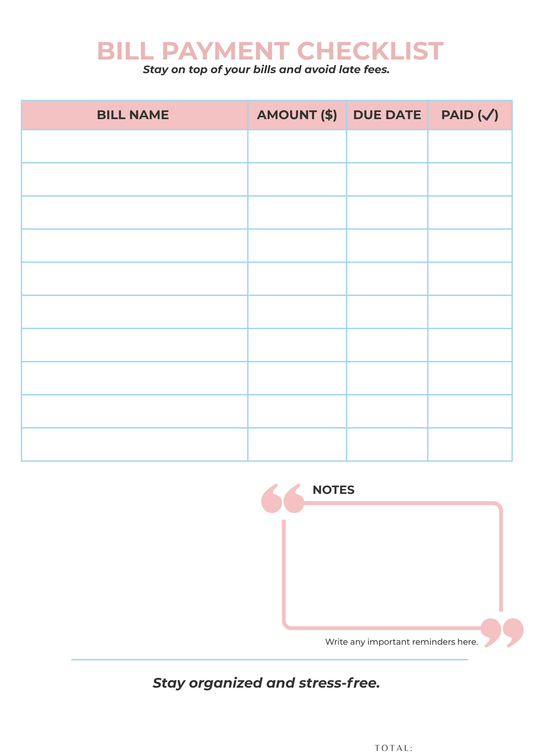 Bill Payment Checklist